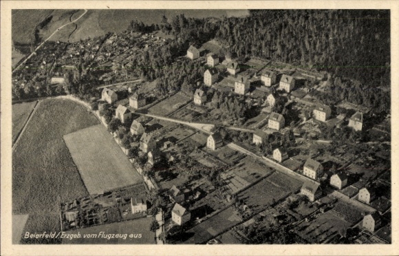 Postcard Beierfeld in the Ore Mountains Saxony, aerial view of Ore Mountains, buildings, nature,