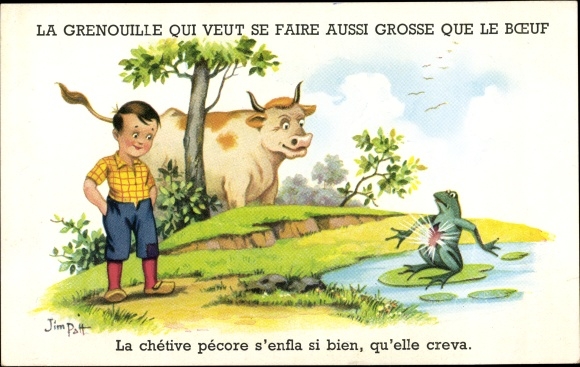 Artist Postcard Patt, Jim, The Frog who wants to be as big as the Beef, geplatzter Frosch
