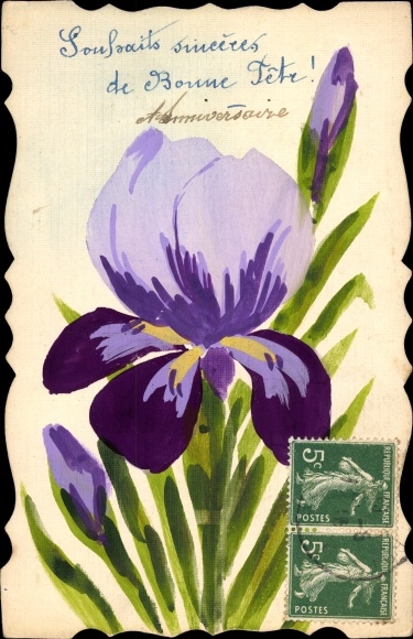 Hand-painted Postcard congratulations birthday, iris, iris