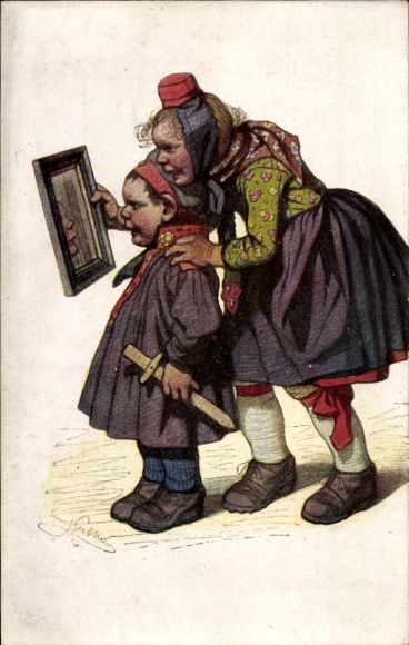 Artist Postcard Beithan, Emil, Hessian costumes, children in traditional costumes looking into a mirror