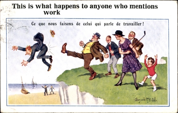 Artist Postcard Donald McGill, Vacationers on the Coast, This is what happens to those who mention work