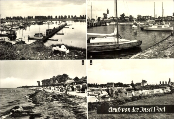 Postcard Insel Poel Mecklenburg, several boat docks, sailboats, beach with tents, landscape photos
