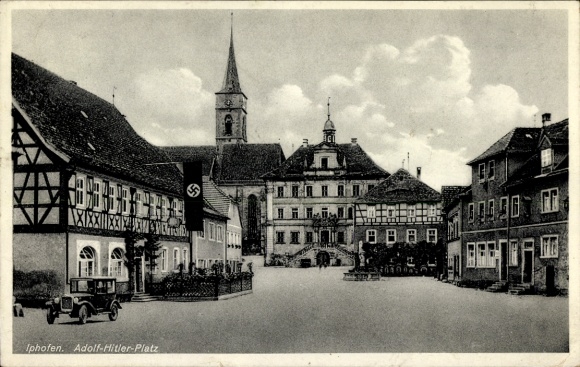 Postcard Iphofen in Lower Franconia, Adolf-Hitler-Platz, buildings, swastika, old cars