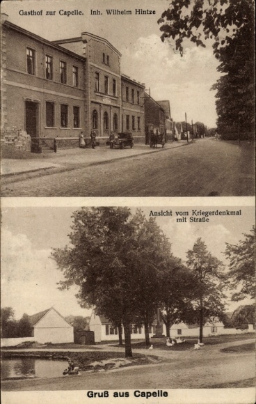 Ak Capelle Salzfurtkapelle Zörbig in Saksen-Anhalt, Inn Wilhelm Hintze, oorlogsmonument, straat