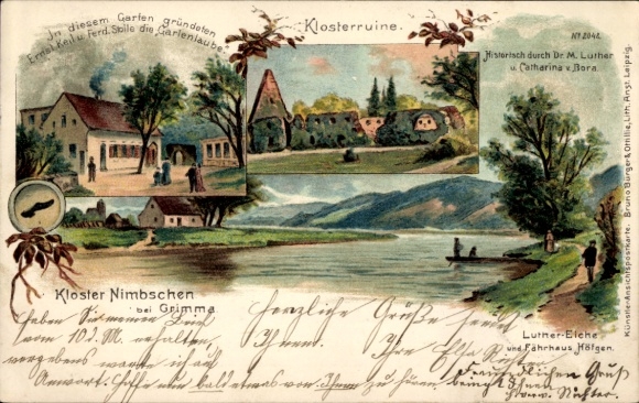litho Nimbschen Böhlen Grimma in Saksen, kloosterruïne, Luther-eik, veerhuis Höfgen, tuinhuisje