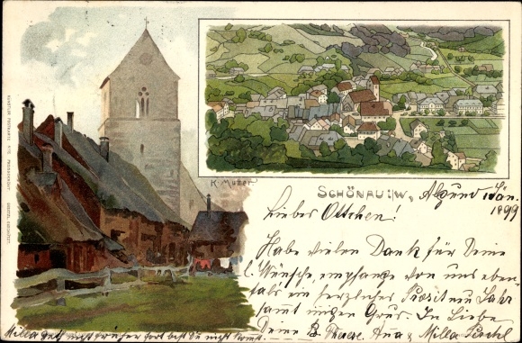 Künstler Litho Mutter, K., Schönau im Schwarzwald, Gesamtansicht vom Ort, Kirche
