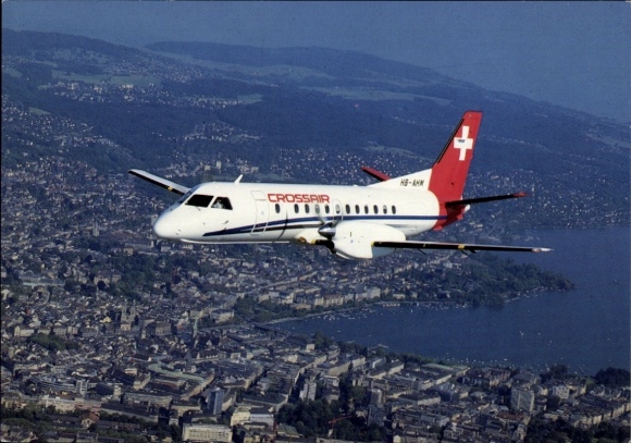 Postcard Swiss passenger aircraft, Crossair, Saab 340A Cityliner, HB-AHM