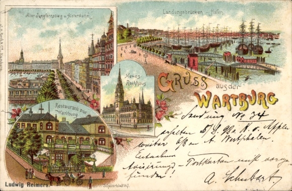 Litho Hamburg, Restaurant zur Wartburg, Jungfernstieg, Alsterdamm, Landungsbrücken, Neues Rathaus