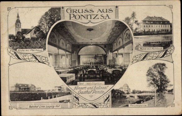 Postcard Ponitz Altenburger Land Thuringia, church, parsonage, train station, mill, mill pond, inn ballroom