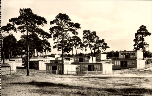 Postcard Ostseebad Ahlbeck on Usedom, holiday village, Baltic Sea resort, several holiday homes, pine trees