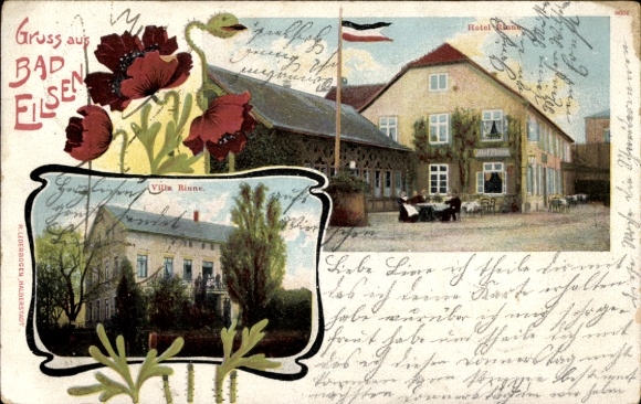 Postcard Bad Eilsen in the district of Schaumburg, Hotel and Villa Rinne, exterior view, guests, poppies
