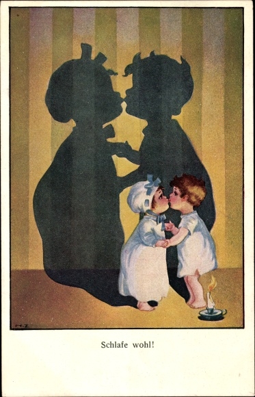 Artist PC Zahl, Hans, sleep well, children in nightgowns, shadows