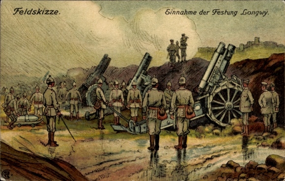 Ak Longwy Haut Meurthe et Moselle, Einnahme der Festung  deutsche Artillerie feuert auf die Fe...