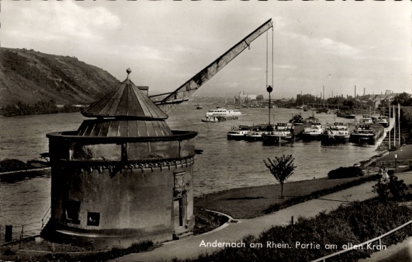 Postcard Andernach am Rhein, old crane, steamships