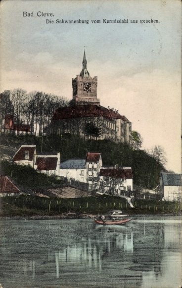 Ak Bad Cleve Kleve am Niederrhein,  Schwanenburg, Kermisdahl, Wasser, Boot