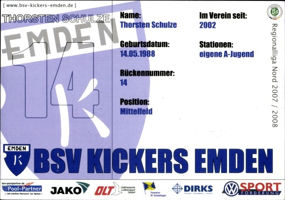 Karta autografu piłkarza Thorstena Schulze, BSV Kickers Emden, autograf