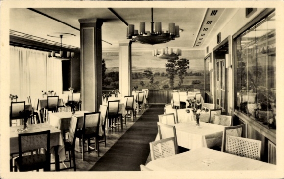 Ak Tabarz im Thüringer Wald, Restaurant mit Tischen, Stühlen, Blumen, Landschaftsmalerei, helles 