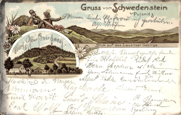 Chromo-Litho Pulsnitz, Greetings from the Schwedenstein, Lusatian Mountains, tower, forest