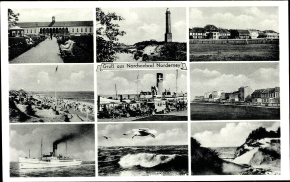 Ak Nordseebad Norderney Ostfriesland, vuurtoren, weggedeelte, strand, stoomboot, zeemeeuw