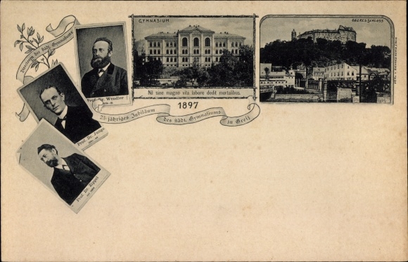 Postcard Greiz im Vogtland, municipal high school, 25th anniversary 1897, upper castle