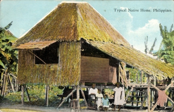 Postcard Philippines, stilt house, locals