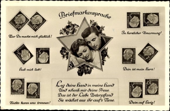 Ak Briefmarkensprache, Liebespaar, Kuss, Hab mich lieb