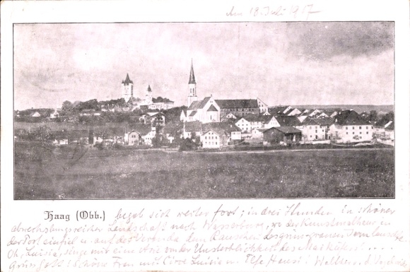 Postcard Haag in the district of Mühldorf am Inn Upper Bavaria, general view with surroundings, church tower