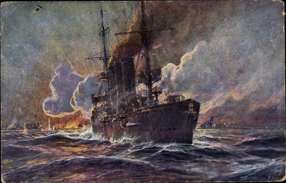 Artist PC Stöwer, Willy, SMS Emden bombards Madras, cruiser, Imperial Navy, WWI