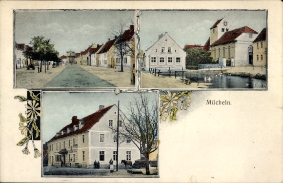 Ak Mücheln im Saalekreis, Teilansichten, Straßenpartie, Kirche, Gasthaus