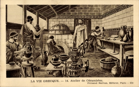 Artist Postcard La Vie Grecque, ceramic workshop