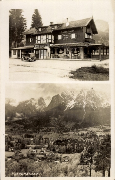 Postcard Obergrainau Grainau in Upper Bavaria, inn with the inscription 'Franzenzimmer' and in front of it a...