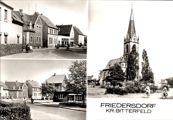 Postcard Friedersdorf Muldestausee, church, bicycle, street scene, woman with stroller