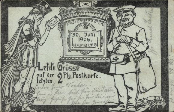 Postwaardekaart Hamburg, laatste groeten op de laatste 2Pf. Ansichtkaart, 30 juni 1906, postbode