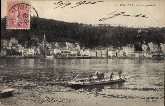 Postcard La Bouille Seine Maritime, view of river landscape, fishing boat, cityscape, church