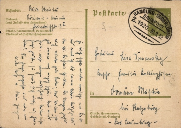 Pocztowy stempel kolejowy Hamburg - pociąg Süderlügum 1920, 30 sierpnia 1932 na papeterii pocztowej