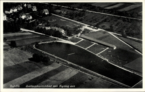 Postcard Bad Orb in the Spessart, Wegscheide, spring swimming pool, aerial view, houses, nature, parking lot