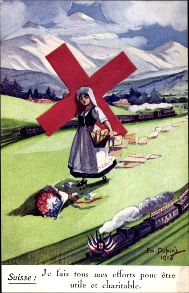 Künstler Ak Dupuis, Em., Suisse, Je fais tous mes effortsm, Helvetia, Kreuz, Briefe, Eisenbahn