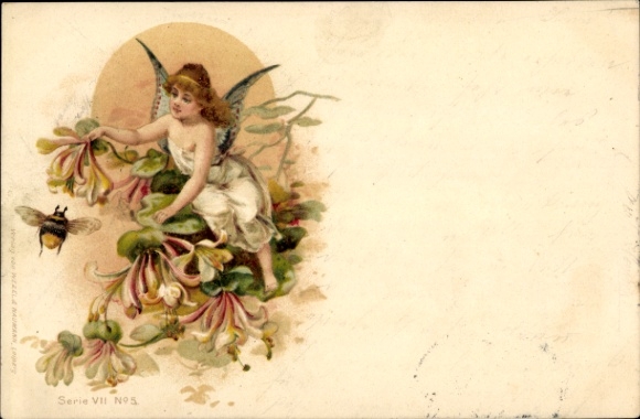 Chromo-Litho angel, flowers, bumblebee