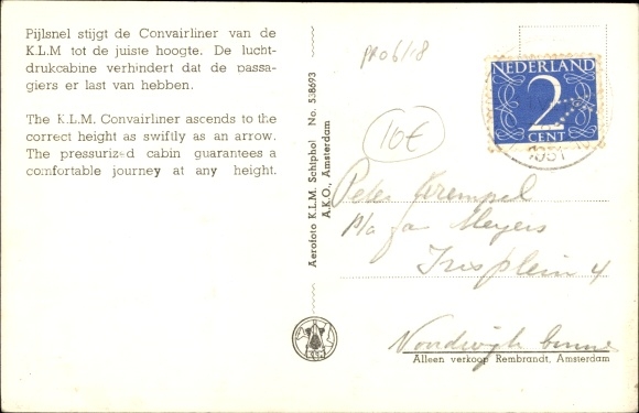 Postcard Dutch passenger plane, KLM, Convairliner