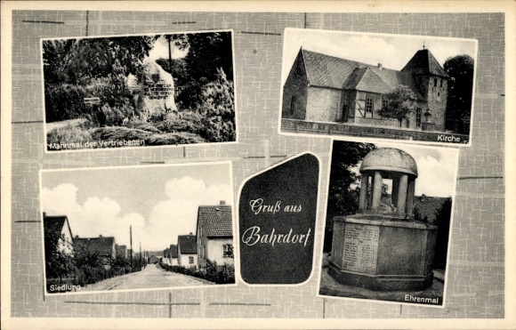 Postcard Bahrdorf Lower Saxony, cenotaph, church, memorial to the displaced, settlement