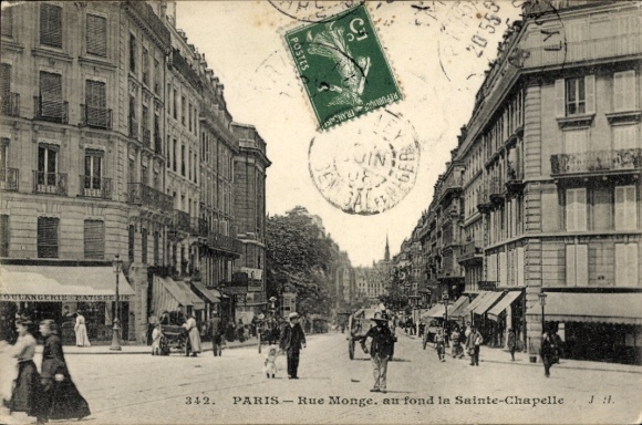 Ak Paris V Panthéon, Straße in  Rue Monge, Sainte-Chapelle im Hintergrund, Poststempel