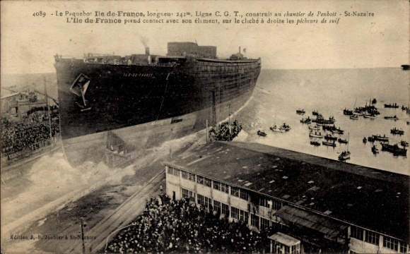 PC Le Paquebot Ile de France, Chantier de Penhoet St. Nazaire, CGT French Line, launching