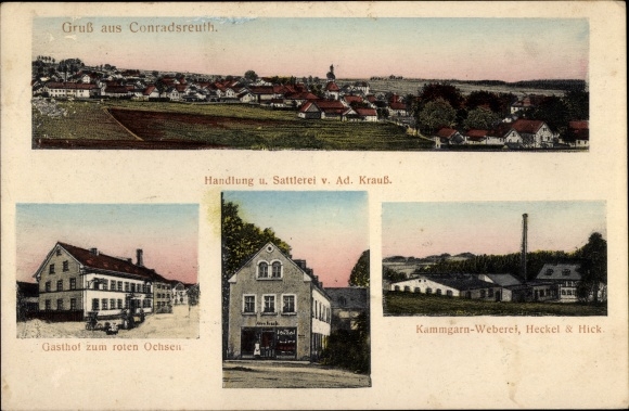 Postcard Conradsreuth Konradsreuth in Upper Franconia, inn at the red ox, saddlery, worsted weaving