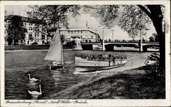 Postcard Brandenburg an der Havel, boat on the water, sailboat, Adolf Hitler Bridge, swans