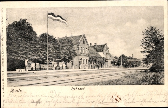 Postcard Hude in Oldenburg, train station, track view