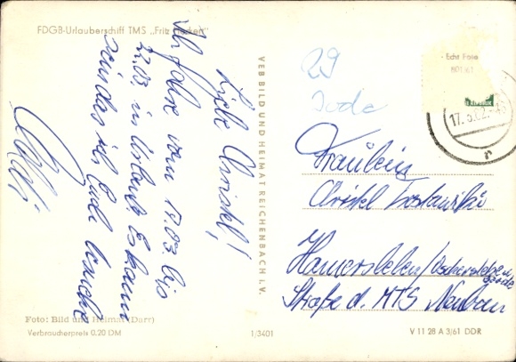 Postcard FDGB holiday ship TMS Fritz Heckert