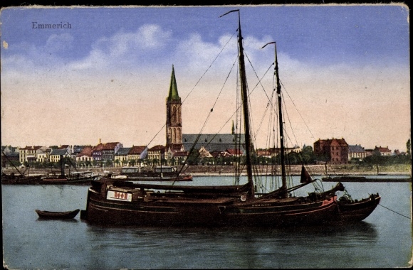 PC Emmerich am Niederrhein, sailing ship in the Rhine, view of the town, church