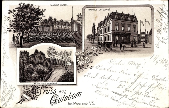 Litho Guteborn Gößnitz in Thüringen, Gasthof, Konzertgarten, Buttermilch-Grund