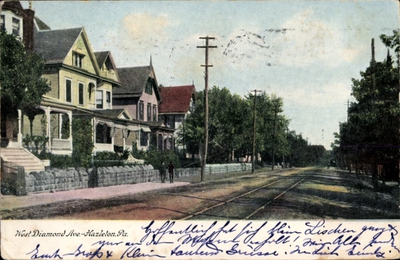 Ak Hazleton Pennsylvania USA, Blick auf West Diamond Ave, Häuser, Bäume, Straßenbahnlinien