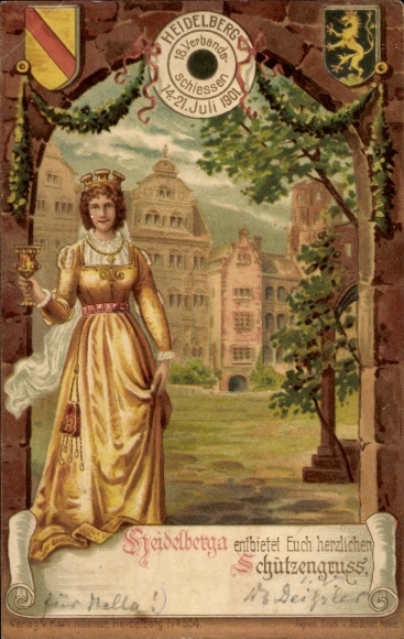 Postal stationery litho Heidelberg am Neckar, Heidelberga, city allegory, shooting festival 1901